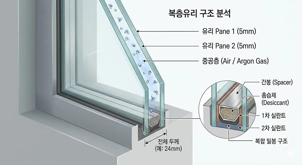 광주 북구 문흥동 광명아파트 KCC 창호 시공 사진 3 — 가장 중요한 포인트는 바로 가운데 있는 **'중공층'**입니다.